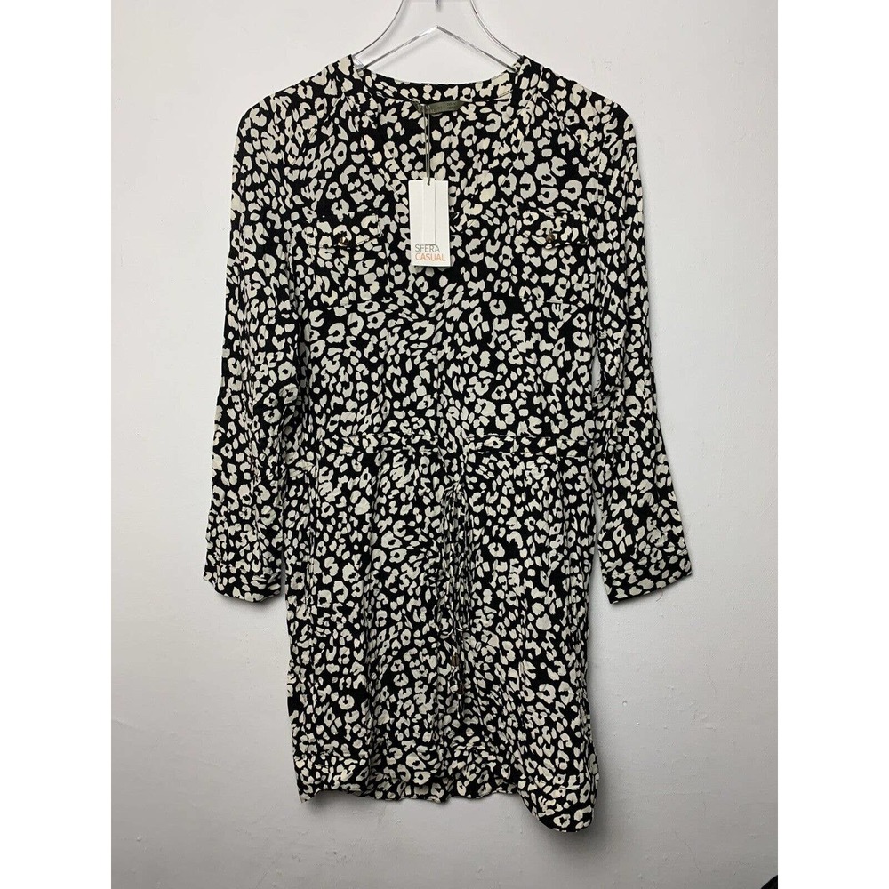 SFERA Long Sleeve Shirt Dress Black White Leopard Animal Print, MEDIUM Mexico 30